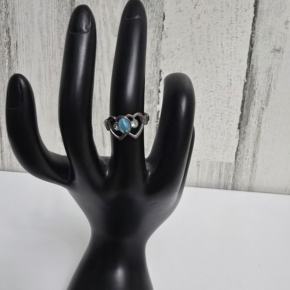 Silvertone Heart Ring with Blue Gemstone Size 6